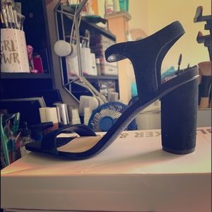 Suede black heeled sandals, size 9.5